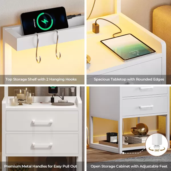 VIAGDO Nightstand with Charging Station and LED Lights White Bedside Night Stands with 2 Drawers and Open Storage Shelves Modern End Side Tables for Bedroom OfficeWhite