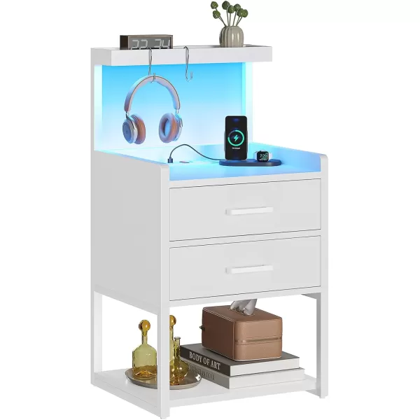 VIAGDO Nightstand with Charging Station and LED Lights White Bedside Night Stands with 2 Drawers and Open Storage Shelves Modern End Side Tables for Bedroom OfficeWhite