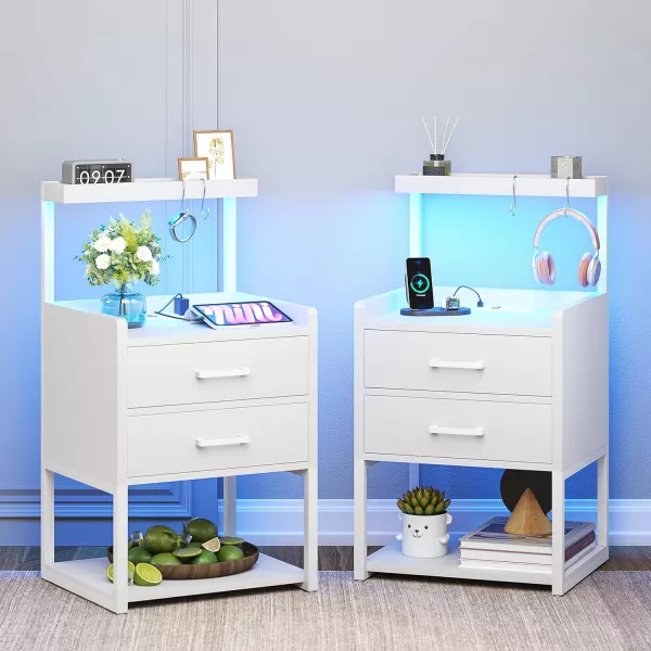 VIAGDO Nightstand with Charging Station and LED Lights White Bedside Night Stands with 2 Drawers and Open Storage Shelves Modern End Side Tables for Bedroom OfficeWhite