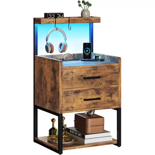 VIAGDO Nightstand with Charging Station and LED Lights White Bedside Night Stands with 2 Drawers and Open Storage Shelves Modern End Side Tables for Bedroom OfficeRustic Brown