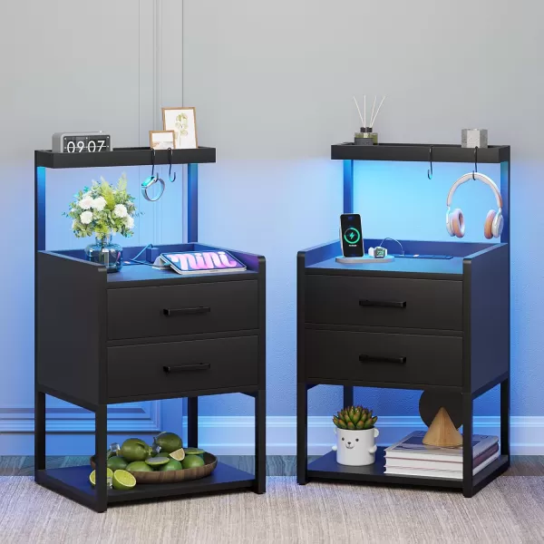 VIAGDO Nightstand with Charging Station and LED Lights White Bedside Night Stands with 2 Drawers and Open Storage Shelves Modern End Side Tables for Bedroom OfficeBlack