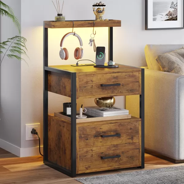 VIAGDO Nightstands Set of 2 with LED Lights 3 Drawers Night Stands with Charging Station Black Bedside Tables with Storage Shelves Modern End Side Tables for Bedroom OfficeRustic Brown