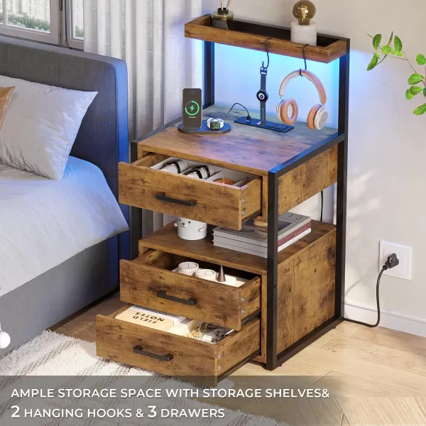 VIAGDO Nightstands Set of 2 with LED Lights 3 Drawers Night Stands with Charging Station Black Bedside Tables with Storage Shelves Modern End Side Tables for Bedroom OfficeRustic Brown