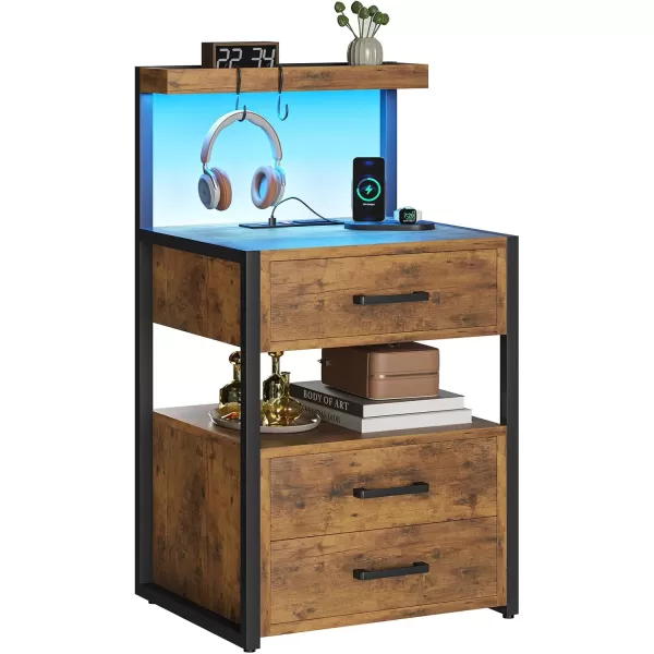 VIAGDO Nightstands Set of 2 with LED Lights 3 Drawers Night Stands with Charging Station Black Bedside Tables with Storage Shelves Modern End Side Tables for Bedroom OfficeRustic Brown