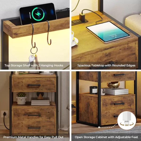 VIAGDO Nightstands Set of 2 with LED Lights 3 Drawers Night Stands with Charging Station Black Bedside Tables with Storage Shelves Modern End Side Tables for Bedroom OfficeRustic Brown
