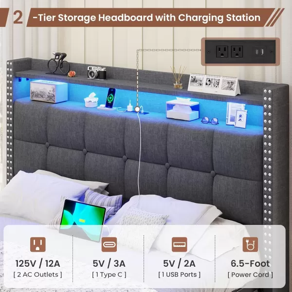VIAGDO Queen Bed Frame with 4 Storage Drawers and LED Lights Upholstered Platform Bed Frame Queen Size with Button Tufted Headboard and Charging Station No Box Spring Needed Dark GreyFull
