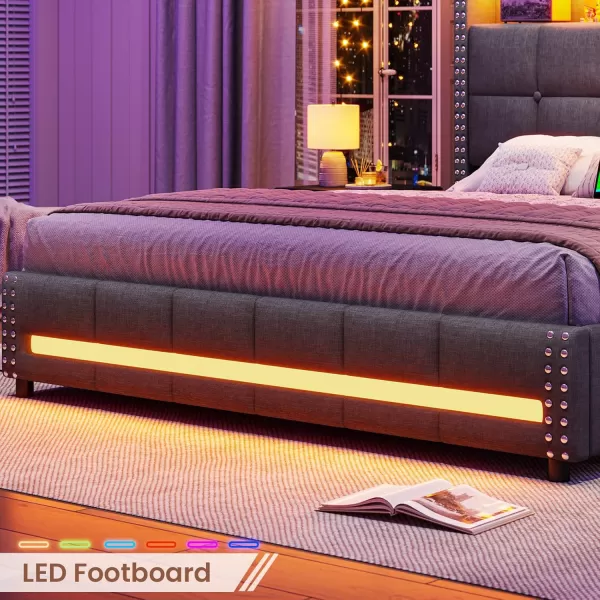 VIAGDO Queen Bed Frame with 4 Storage Drawers and LED Lights Upholstered Platform Bed Frame Queen Size with Button Tufted Headboard and Charging Station No Box Spring Needed Dark GreyFull