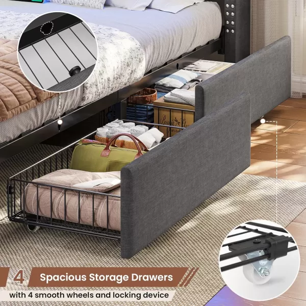 VIAGDO Queen Bed Frame with 4 Storage Drawers and LED Lights Upholstered Platform Bed Frame Queen Size with Button Tufted Headboard and Charging Station No Box Spring Needed Dark GreyFull