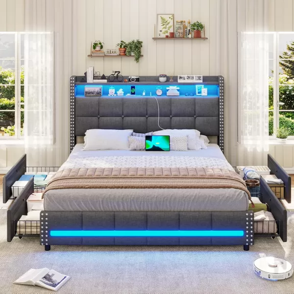 VIAGDO Queen Bed Frame with 4 Storage Drawers and LED Lights Upholstered Platform Bed Frame Queen Size with Button Tufted Headboard and Charging Station No Box Spring Needed Dark GreyQueen