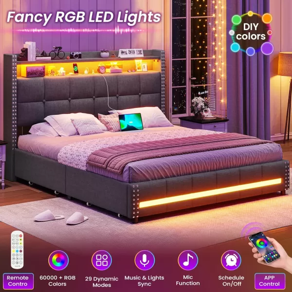 VIAGDO Queen Bed Frame with 4 Storage Drawers and LED Lights Upholstered Platform Bed Frame Queen Size with Button Tufted Headboard and Charging Station No Box Spring Needed Dark GreyFull