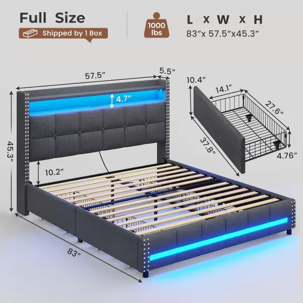 VIAGDO Queen Bed Frame with 4 Storage Drawers and LED Lights Upholstered Platform Bed Frame Queen Size with Button Tufted Headboard and Charging Station No Box Spring Needed Dark GreyFull