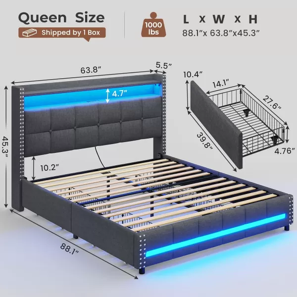 VIAGDO Queen Bed Frame with 4 Storage Drawers and LED Lights Upholstered Platform Bed Frame Queen Size with Button Tufted Headboard and Charging Station No Box Spring Needed Dark GreyQueen