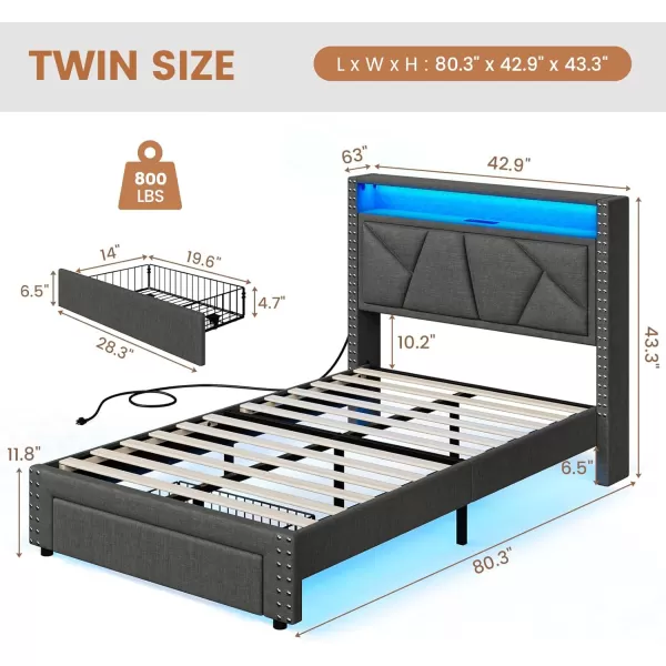 VIAGDO Queen Bed Frame with Shelf Headboard and 2 Storage Drawers Upholstered Platform Bed Frame Queen Size with Charging Station and LED Lights LED Queen Bed Frame No Box Spring Needed Dark GreyDark Grey