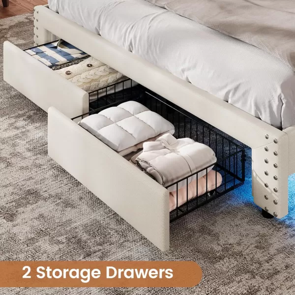 VIAGDO Queen Bed Frame with Shelf Headboard and 2 Storage Drawers Upholstered Platform Bed Frame Queen Size with Charging Station and LED Lights LED Queen Bed Frame No Box Spring Needed Dark GreyCream White