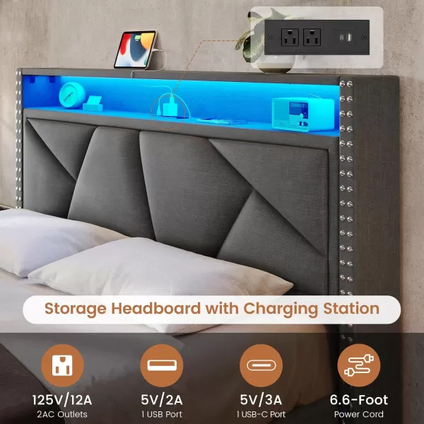 VIAGDO Queen Bed Frame with Shelf Headboard and 2 Storage Drawers Upholstered Platform Bed Frame Queen Size with Charging Station and LED Lights LED Queen Bed Frame No Box Spring Needed Dark GreyDark Grey
