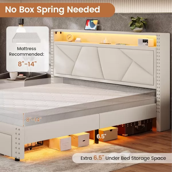 VIAGDO Queen Bed Frame with Shelf Headboard and 2 Storage Drawers Upholstered Platform Bed Frame Queen Size with Charging Station and LED Lights LED Queen Bed Frame No Box Spring Needed Dark GreyCream White