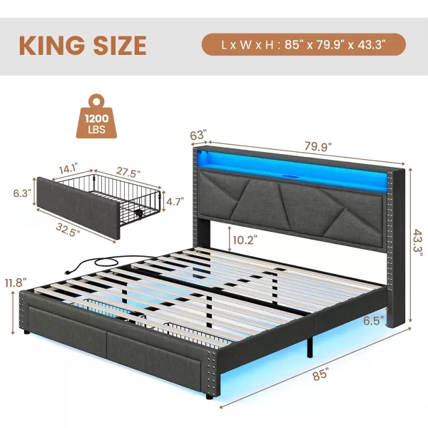 VIAGDO Queen Bed Frame with Shelf Headboard and 2 Storage Drawers Upholstered Platform Bed Frame Queen Size with Charging Station and LED Lights LED Queen Bed Frame No Box Spring Needed Dark GreyDark Grey