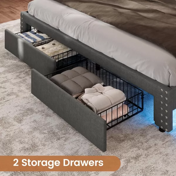 VIAGDO Queen Bed Frame with Shelf Headboard and 2 Storage Drawers Upholstered Platform Bed Frame Queen Size with Charging Station and LED Lights LED Queen Bed Frame No Box Spring Needed Dark GreyDark Grey
