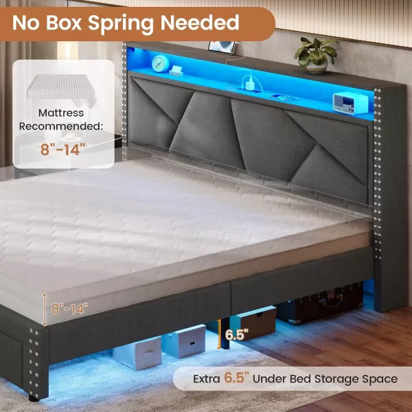 VIAGDO Queen Bed Frame with Shelf Headboard and 2 Storage Drawers Upholstered Platform Bed Frame Queen Size with Charging Station and LED Lights LED Queen Bed Frame No Box Spring Needed Dark GreyDark Grey