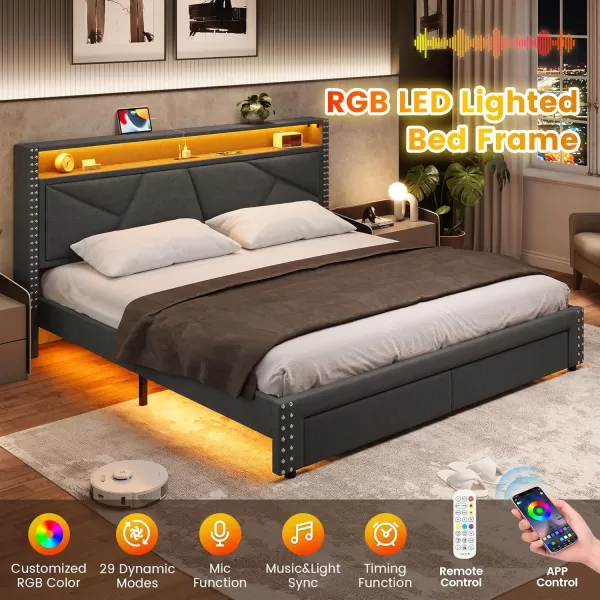 VIAGDO Queen Bed Frame with Shelf Headboard and 2 Storage Drawers Upholstered Platform Bed Frame Queen Size with Charging Station and LED Lights LED Queen Bed Frame No Box Spring Needed Dark GreyDark Grey