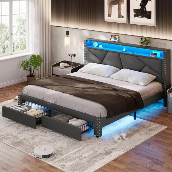 VIAGDO Queen Bed Frame with Shelf Headboard and 2 Storage Drawers Upholstered Platform Bed Frame Queen Size with Charging Station and LED Lights LED Queen Bed Frame No Box Spring Needed Dark GreyDark Grey