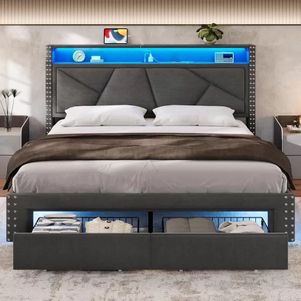 VIAGDO Queen Bed Frame with Shelf Headboard and 2 Storage Drawers Upholstered Platform Bed Frame Queen Size with Charging Station and LED Lights LED Queen Bed Frame No Box Spring Needed Dark GreyDark Grey