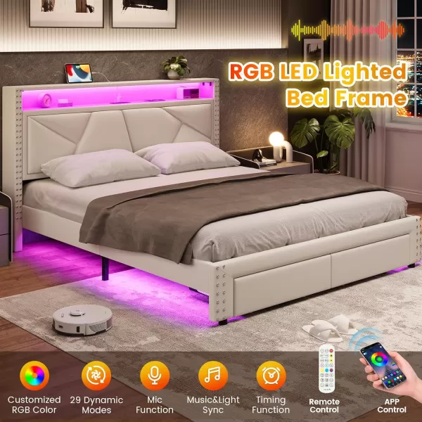 VIAGDO Queen Bed Frame with Shelf Headboard and 2 Storage Drawers Upholstered Platform Bed Frame Queen Size with Charging Station and LED Lights LED Queen Bed Frame No Box Spring Needed Dark GreyCream White