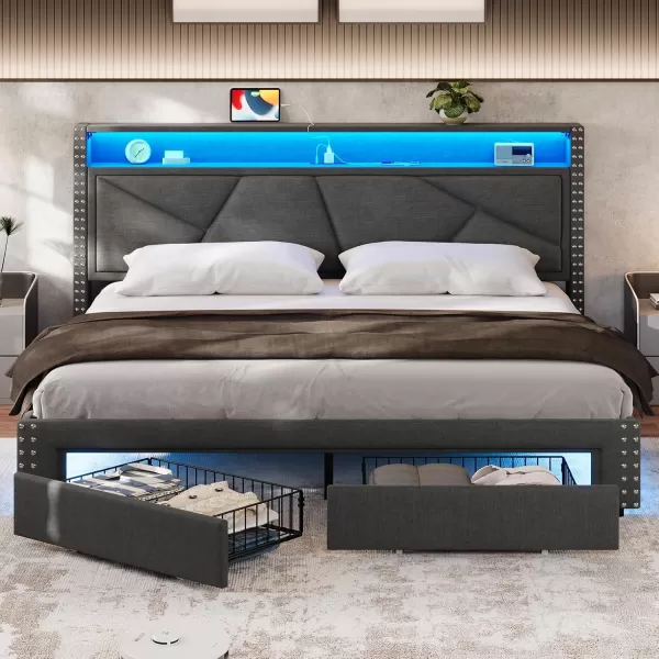 VIAGDO Queen Bed Frame with Shelf Headboard and 2 Storage Drawers Upholstered Platform Bed Frame Queen Size with Charging Station and LED Lights LED Queen Bed Frame No Box Spring Needed Dark GreyDark Grey