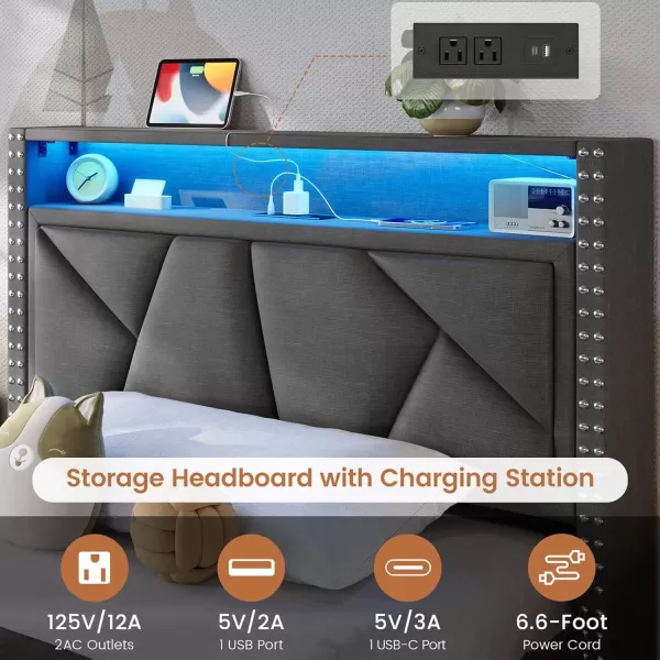 VIAGDO Queen Bed Frame with Shelf Headboard and 2 Storage Drawers Upholstered Platform Bed Frame Queen Size with Charging Station and LED Lights LED Queen Bed Frame No Box Spring Needed Dark GreyDark Grey