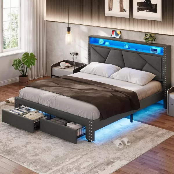 VIAGDO Queen Bed Frame with Shelf Headboard and 2 Storage Drawers Upholstered Platform Bed Frame Queen Size with Charging Station and LED Lights LED Queen Bed Frame No Box Spring Needed Dark GreyDark Grey