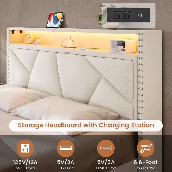 VIAGDO Queen Bed Frame with Shelf Headboard and 2 Storage Drawers Upholstered Platform Bed Frame Queen Size with Charging Station and LED Lights LED Queen Bed Frame No Box Spring Needed Dark GreyCream White