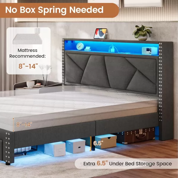 VIAGDO Queen Bed Frame with Shelf Headboard and 2 Storage Drawers Upholstered Platform Bed Frame Queen Size with Charging Station and LED Lights LED Queen Bed Frame No Box Spring Needed Dark GreyDark Grey