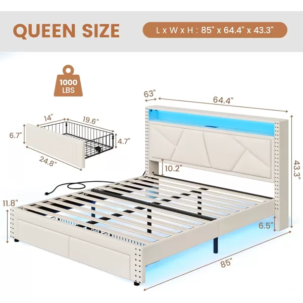 VIAGDO Queen Bed Frame with Shelf Headboard and 2 Storage Drawers Upholstered Platform Bed Frame Queen Size with Charging Station and LED Lights LED Queen Bed Frame No Box Spring Needed Dark GreyCream White