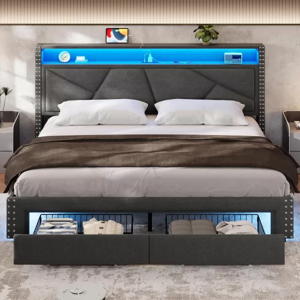 VIAGDO Queen Bed Frame with Shelf Headboard and 2 Storage Drawers Upholstered Platform Bed Frame Queen Size with Charging Station and LED Lights LED Queen Bed Frame No Box Spring Needed Dark GreyDark Grey