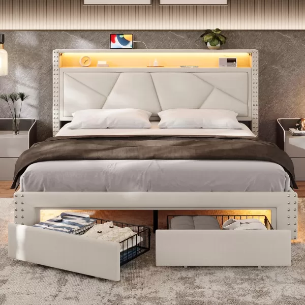 VIAGDO Queen Bed Frame with Shelf Headboard and 2 Storage Drawers Upholstered Platform Bed Frame Queen Size with Charging Station and LED Lights LED Queen Bed Frame No Box Spring Needed Dark GreyCream White