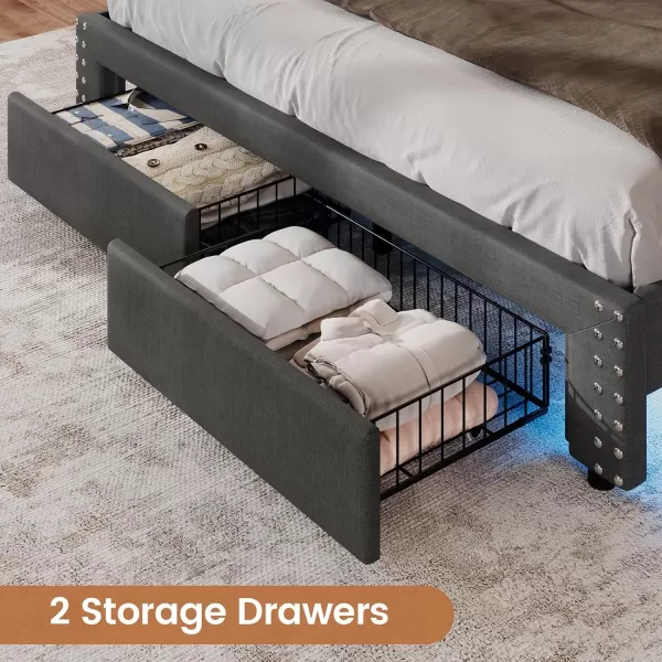 VIAGDO Queen Bed Frame with Shelf Headboard and 2 Storage Drawers Upholstered Platform Bed Frame Queen Size with Charging Station and LED Lights LED Queen Bed Frame No Box Spring Needed Dark GreyDark Grey