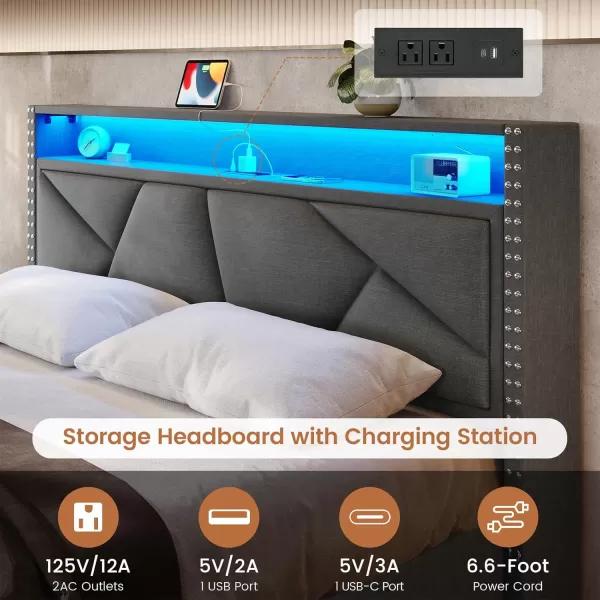 VIAGDO Queen Bed Frame with Shelf Headboard and 2 Storage Drawers Upholstered Platform Bed Frame Queen Size with Charging Station and LED Lights LED Queen Bed Frame No Box Spring Needed Dark GreyDark Grey