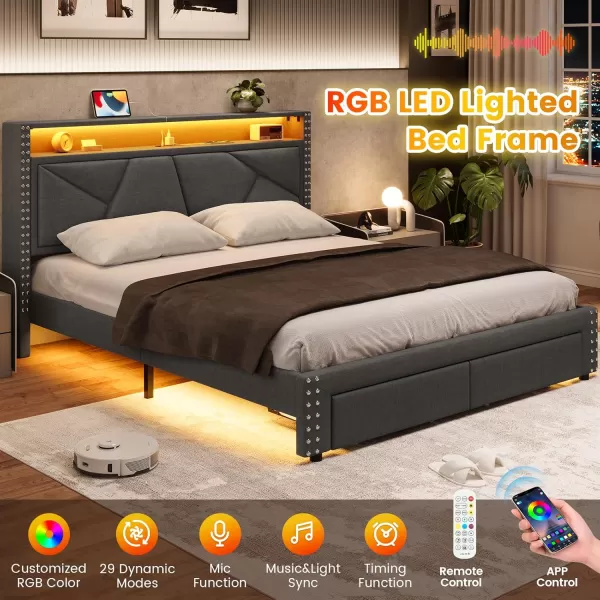 VIAGDO Queen Bed Frame with Shelf Headboard and 2 Storage Drawers Upholstered Platform Bed Frame Queen Size with Charging Station and LED Lights LED Queen Bed Frame No Box Spring Needed Dark GreyDark Grey