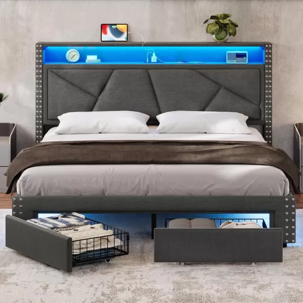 VIAGDO Queen Bed Frame with Shelf Headboard and 2 Storage Drawers Upholstered Platform Bed Frame Queen Size with Charging Station and LED Lights LED Queen Bed Frame No Box Spring Needed Dark GreyDark Grey