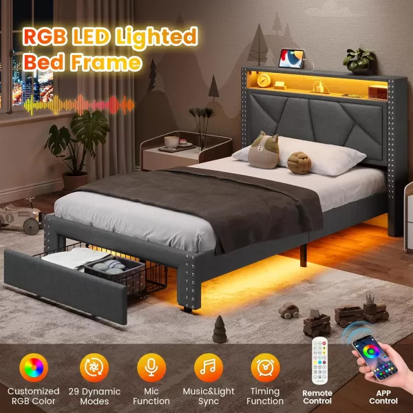 VIAGDO Queen Bed Frame with Shelf Headboard and 2 Storage Drawers Upholstered Platform Bed Frame Queen Size with Charging Station and LED Lights LED Queen Bed Frame No Box Spring Needed Dark GreyDark Grey