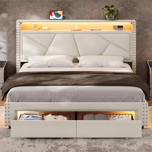 VIAGDO Queen Bed Frame with Shelf Headboard and 2 Storage Drawers Upholstered Platform Bed Frame Queen Size with Charging Station and LED Lights LED Queen Bed Frame No Box Spring Needed Dark GreyCream White