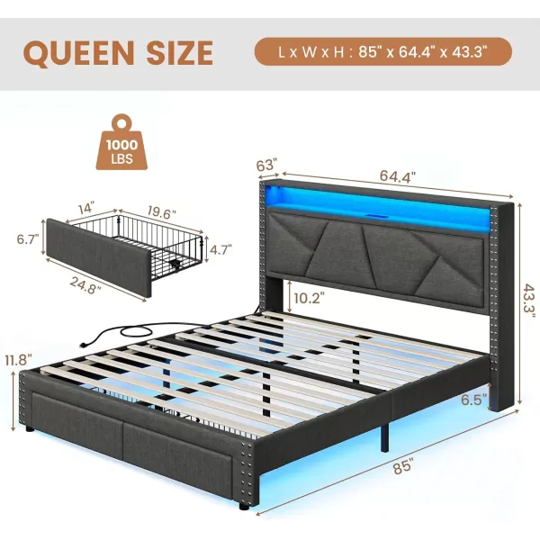 VIAGDO Queen Bed Frame with Shelf Headboard and 2 Storage Drawers Upholstered Platform Bed Frame Queen Size with Charging Station and LED Lights LED Queen Bed Frame No Box Spring Needed Dark GreyDark Grey