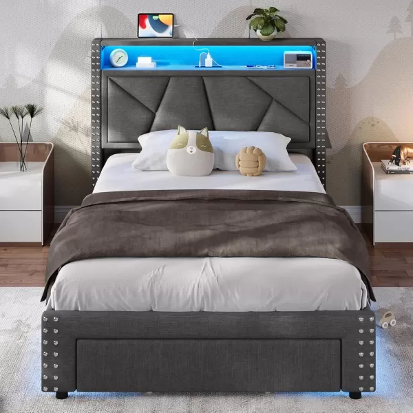 VIAGDO Queen Bed Frame with Shelf Headboard and 2 Storage Drawers Upholstered Platform Bed Frame Queen Size with Charging Station and LED Lights LED Queen Bed Frame No Box Spring Needed Dark GreyDark Grey