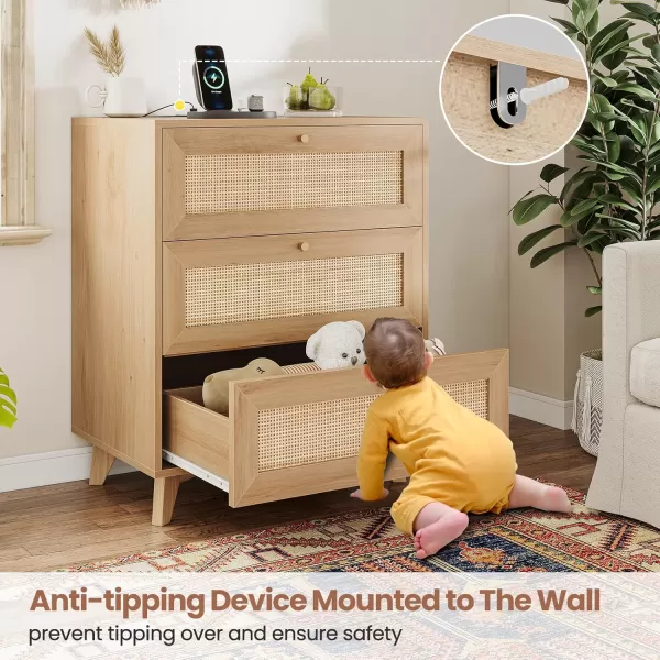 VIAGDO Rattan Nightstand with Charging Station Natural Rattan Night Stand with 3 Large Rattan Decorated Drawers Boho Bedside Table End Side Table 3 Drawer Rattan Dresser for BedroomNatural