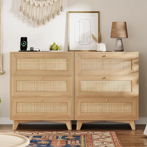 VIAGDO Rattan Nightstand with Charging Station Natural Rattan Night Stand with 3 Large Rattan Decorated Drawers Boho Bedside Table End Side Table 3 Drawer Rattan Dresser for BedroomNatural