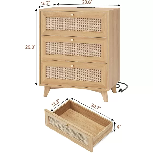 VIAGDO Rattan Nightstand with Charging Station Natural Rattan Night Stand with 3 Large Rattan Decorated Drawers Boho Bedside Table End Side Table 3 Drawer Rattan Dresser for BedroomNatural