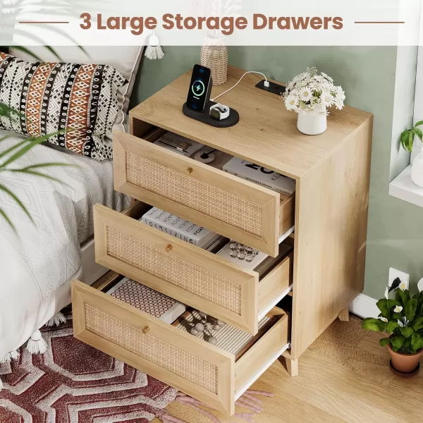 VIAGDO Rattan Nightstand with Charging Station Natural Rattan Night Stand with 3 Large Rattan Decorated Drawers Boho Bedside Table End Side Table 3 Drawer Rattan Dresser for BedroomNatural