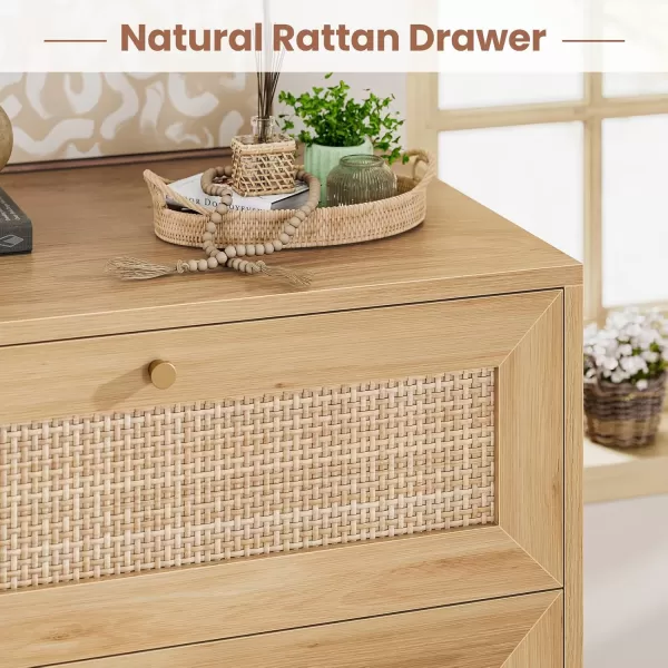 VIAGDO Rattan Nightstand with Charging Station Natural Rattan Night Stand with 3 Large Rattan Decorated Drawers Boho Bedside Table End Side Table 3 Drawer Rattan Dresser for BedroomNatural