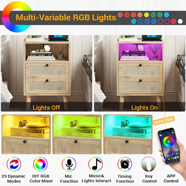 VIAGDO Rattan Nightstands Set of 2 with LED Lights Night Stand with Charging Station and Storage Drawers Bedside Tables with Solid Wood Feet Modern End Side Table for Bedroom BlackNatural