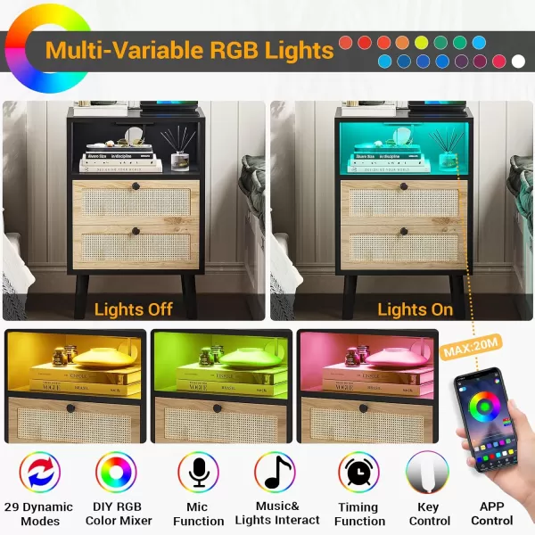 VIAGDO Rattan Nightstands Set of 2 with LED Lights Night Stand with Charging Station and Storage Drawers Bedside Tables with Solid Wood Feet Modern End Side Table for Bedroom BlackBlack